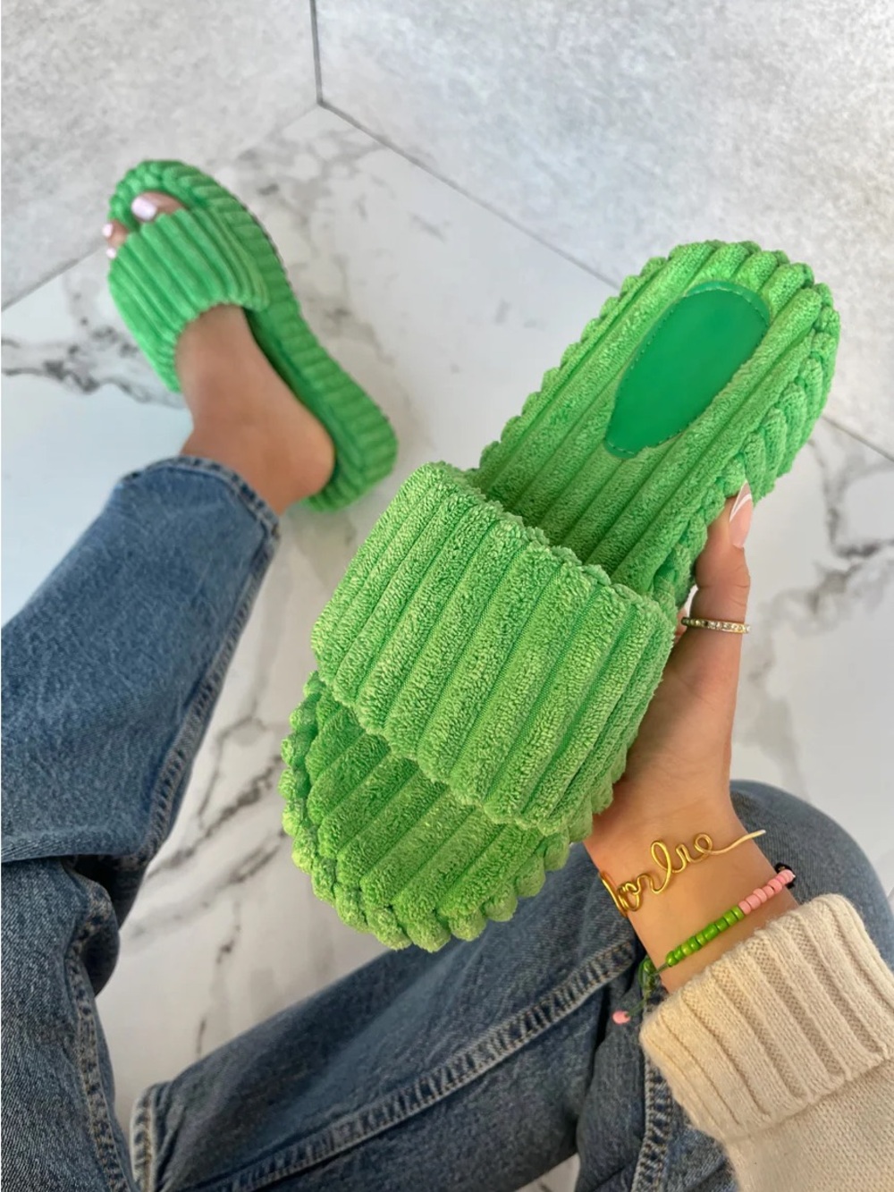 Green Soft Teddy Ribbed Slide Platform Sandals - Women